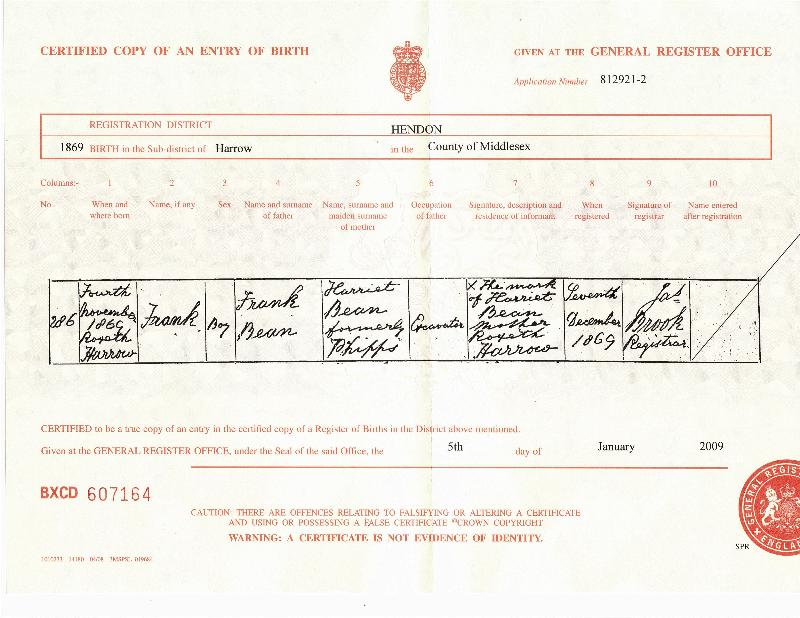 Bean (Frank) 1869 Birth Certificate